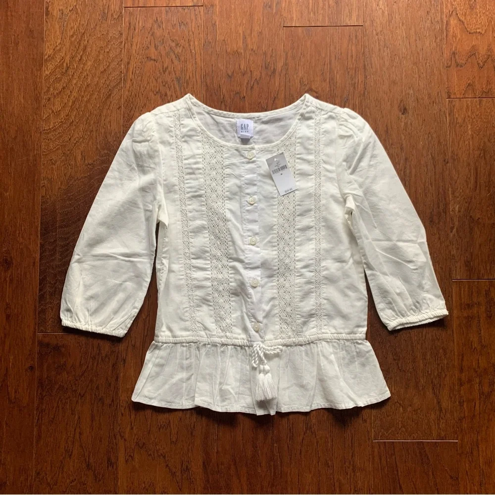 Gap Kids White Embroidered Tassel Blouse | Girls Medium 10/12